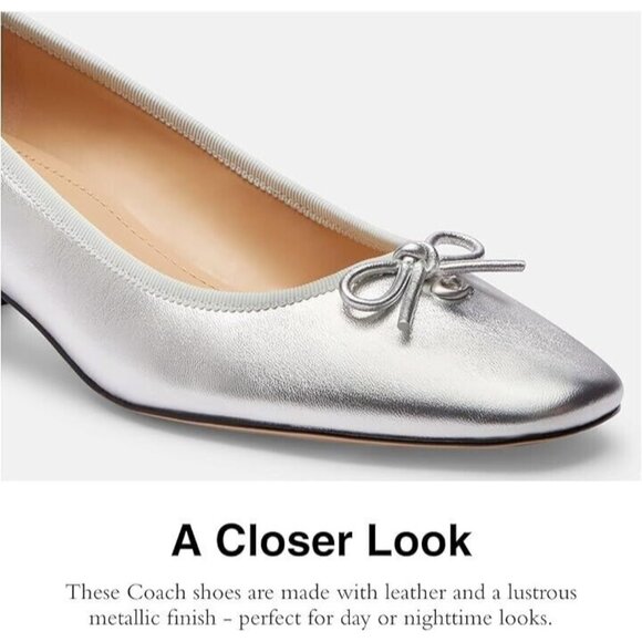 Coach Women Metallic Silver Bow Accent Block Heel Pull-On Ava Ballet Pump Shoes - Picture 4 of 4
